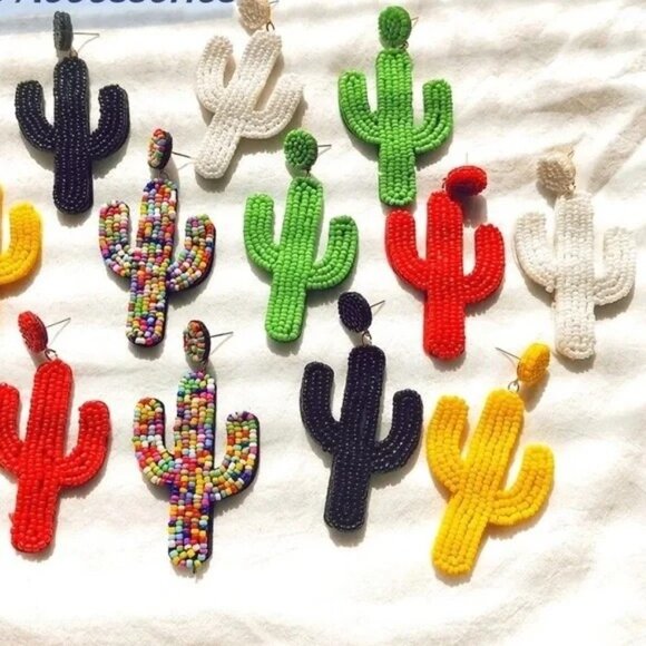 Cactus Glass Bead Pink Statement Desert Plant Southwestern Dangle Party Earring - Picture 4 of 5